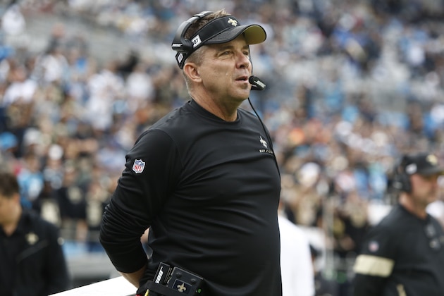 New Orleans Saints head coach Sean Payton looks on during the first half of an NFL football game against the Carolina Panthers in Charlotte, N.C., Sunday, Dec. 29, 2019. (AP Photo/Brian Blanco)