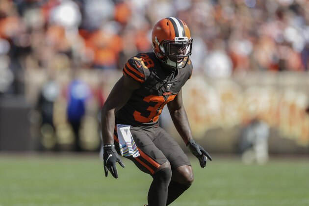 Cleveland Browns defensive back T.J. Carrie (38) plays against the Seattle Seahawks during the first half of an NFL football game, Sunday, Oct. 13, 2019, in Cleveland. (AP Photo/Ron Schwane)