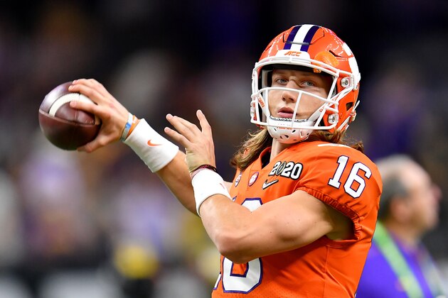 NEW ORLEANS, LOUISIANA - JANUARY 13: Trevor Lawrence #16 of the Clemson Tigers warms up before the College Football Playoff National Championship game against the LSU Tigers at the Mercedes Benz Superdome on January 13, 2020 in New Orleans, Louisiana. The LSU Tigers topped the Clemson Tigers, 42-25. (Photo by Alika Jenner/Getty Images)