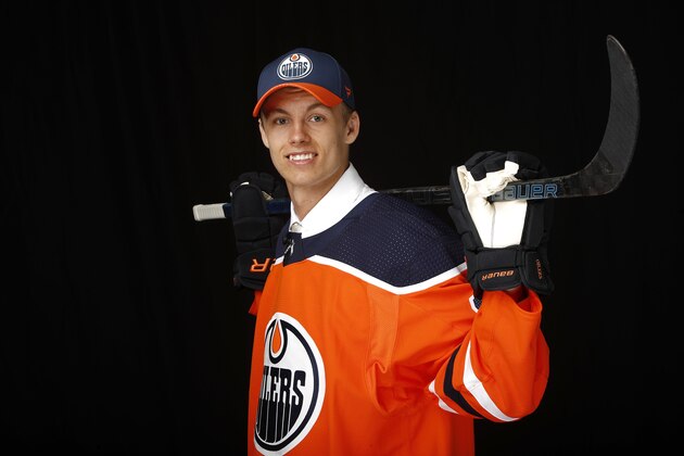 VANCOUVER, BRITISH COLUMBIA - JUNE 21: Philip Broberg poses for a portrait after being selected eighth overall by the Edmonton Oilers during the first round of the 2019 NHL Draft at Rogers Arena on June 21, 2019 in Vancouver, Canada. (Photo by Kevin Light/Getty Images)