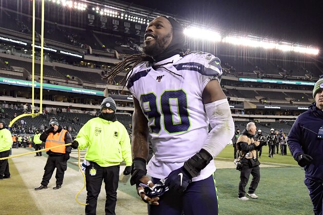 PHILADELPHIA, PENNSYLVANIA - JANUARY 05:  Jadeveon Clowney #90 of the Seattle Seahawks celebrates victory after his teams win against the Philadelphia Eagles in the NFC Wild Card Playoff game at Lincoln Financial Field on January 05, 2020 in Philadelphia, Pennsylvania. (Photo by Steven Ryan/Getty Images)