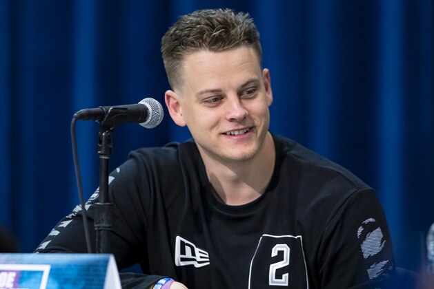 INDIANAPOLIS, IN - FEBRUARY 25: Joe Burrow #QB02 of the LSU Tigers speaks to the media at the Indiana Convention Center on February 25, 2020 in Indianapolis, Indiana. (Photo by Michael Hickey/Getty Images) *** Local Capture *** Joe Burrow
