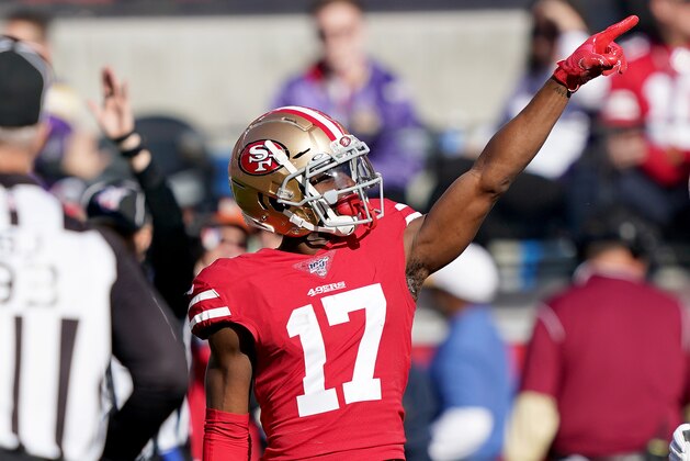 SANTA CLARA, CALIFORNIA - JANUARY 11: Emmanuel Sanders #17 of the San Francisco 49ers reacts after a catch for a first down against the Minnesota Vikings during the NFC Divisional Round Playoff game at Levi's Stadium on January 11, 2020 in Santa Clara, California. (Photo by Thearon W. Henderson/Getty Images) SANTA CLARA, CALIFORNIA - JANUARY 11: Emmanuel Sanders #17 of the San Francisco 49ers reacts after a catch for a first down against the Minnesota Vikings during the NFC Divisional Round Playoff game at Levi's Stadium on January 11, 2020 in Santa Clara, California. (Photo by Thearon W. Henderson/Getty Images)