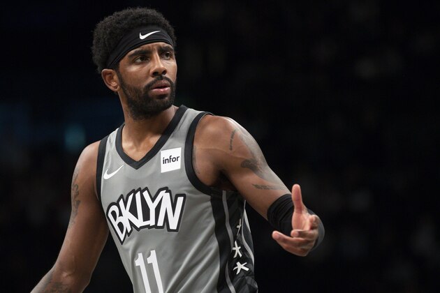 Brooklyn Nets guard Kyrie Irving reacts to a call during the second half of an NBA basketball game against the New Orleans Pelicans, Monday, Nov. 4, 2019, in New York. The Nets won 125-135. (AP Photo/Mary Altaffer)