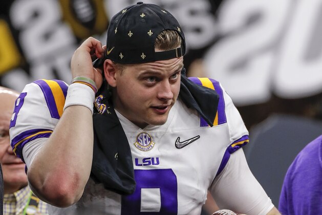 NEW ORLEANS, LA - JANUARY 13: Quarterback Joe Burrow #9 of the LSU Tigers on stage after the College Football Playoff National Championship game against the Clemson Tigers at the Mercedes-Benz Superdome on January 13, 2020 in New Orleans, Louisiana. LSU defeated Clemson 42 to 25. (Photo by Don Juan Moore/Getty Images)