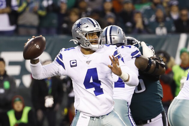 Dallas Cowboys quarterback Dak Prescott throws a pass during the first half of an NFL football game against the Philadelphia Eagles Sunday, Dec. 22, 2019, in Philadelphia. (AP Photo/Chris Szagola)