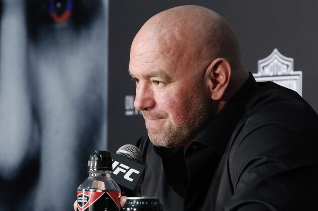 Dana White, president of the UFC, speaks at a news conference after the UFC 229 mixed martial arts event Saturday, Oct. 6, 2018, in Las Vegas. A brawl broke out after the main event between Khabib Nurmagomedov and Conor McGregor when Nurmagomedov climbed over the cage and set off a scuffle with another fighter in McGregor's corner. (AP Photo/John Locher)