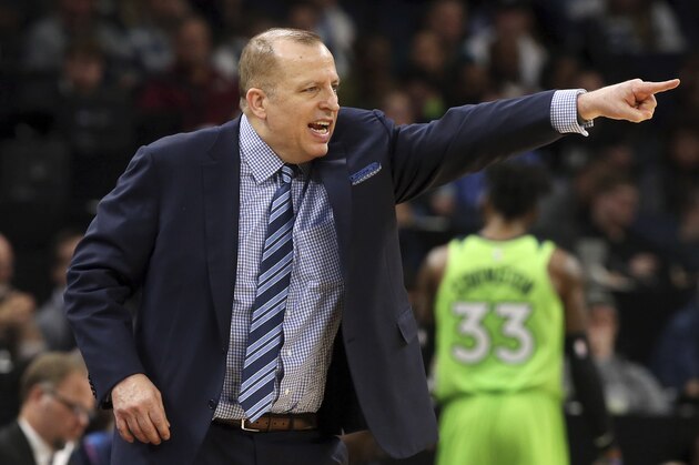 Minnesota Timberwolves coach Tom Thibodeau directs his players during the second half of the team's NBA basketball game against the Chicago Bulls on Saturday, Nov. 24, 2018, in Minneapolis. The Timberwolves won 111-96. (AP Photo/Jim Mone) Minnesota Timberwolves coach Tom Thibodeau directs his players during the second half of the team's NBA basketball game against the Chicago Bulls on Saturday, Nov. 24, 2018, in Minneapolis. The Timberwolves won 111-96. (AP Photo/Jim Mone)