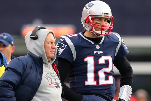 FOXBORO, MA - DECEMBER 24: Head coach Bill Belichick of the New England Patriots stands with Tom Brady #12 during the second half against the Buffalo Bills at Gillette Stadium on December 24, 2017 in Foxboro, Massachusetts. (Photo by Maddie Meyer/Getty Images)