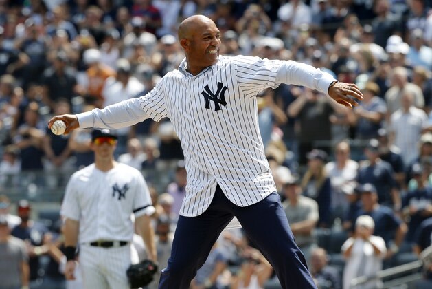 NEW YORK, NEW YORK - AUGUST 17:   2019 National Baseball Hall of Fame inductee and former New York Yankee Mariano Rivera throws the ceremonial first pitch before a game between the Yankees and the Cleveland Indians at Yankee Stadium on August 17, 2019 in New York City. (Photo by Jim McIsaac/Getty Images)