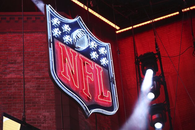 A general view of the NFL logo on the main stage during the second round of the NFL football draft, Friday, April 26, 2019, in Nashville, Tenn. (AP Photo/Steve Luciano)