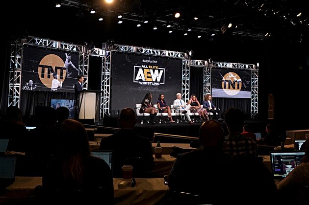 BEVERLY HILLS, CALIFORNIA - JULY 24: (L-R) Kia Stevens aka Awesome Kong, Brandi Rhodes, Cody Rhodes, Nyla Rose, and Jack Perry aka Jungle Boy speak onstage at the