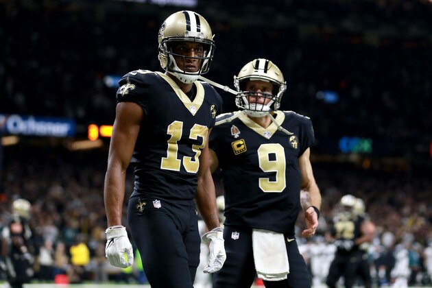 NEW ORLEANS, LOUISIANA - JANUARY 13: Michael Thomas #13 and Drew Brees #9 of the New Orleans Saints celebrate their third quarter touchdown against the Philadelphia Eagles in the NFC Divisional Playoff Game at Mercedes Benz Superdome on January 13, 2019 in New Orleans, Louisiana. (Photo by Sean Gardner/Getty Images) NEW ORLEANS, LOUISIANA - JANUARY 13: Michael Thomas #13 and Drew Brees #9 of the New Orleans Saints celebrate their third quarter touchdown against the Philadelphia Eagles in the NFC Divisional Playoff Game at Mercedes Benz Superdome on January 13, 2019 in New Orleans, Louisiana. (Photo by Sean Gardner/Getty Images)