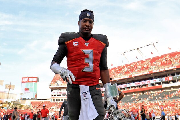 TAMPA, FLORIDA - DECEMBER 29: Jameis Winston #3 of the Tampa Bay Buccaneers walks off the field after a game against the Atlanta Falcons at Raymond James Stadium on December 29, 2019 in Tampa, Florida. (Photo by Mike Ehrmann/Getty Images)