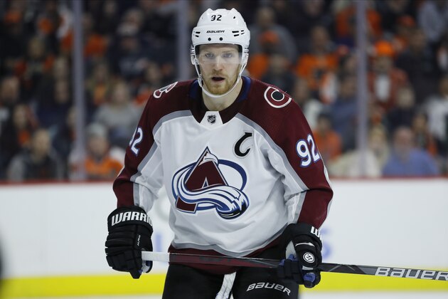Colorado Avalanche's Gabriel Landeskog Bellemare plays during an NHL hockey game against the Philadelphia Flyers, Saturday, Feb. 1, 2020, in Philadelphia. (AP Photo/Matt Slocum)