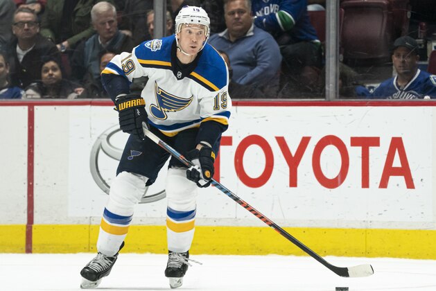 VANCOUVER, BC - NOVEMBER 05: Jay Bouwmeester #19 of the St. Louis Blues skates with the puck during NHL action against the Vancouver Canucks at Rogers Arena on November 5, 2019 in Vancouver, Canada. (Photo by Rich Lam/Getty Images)