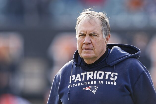 New England Patriots head coach Bill Belichick works the field during practice before an NFL football game against the Cincinnati Bengals, Sunday, Dec. 15, 2019, in Cincinnati. (AP Photo/Gary Landers)