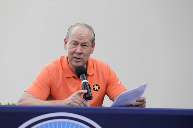 Houston Astros owner Jim Crane speaks during a news conference before the start of the first official spring training baseball practice for the team Thursday, Feb. 13, 2020, in West Palm Beach, Fla. (AP Photo/Jeff Roberson) ;