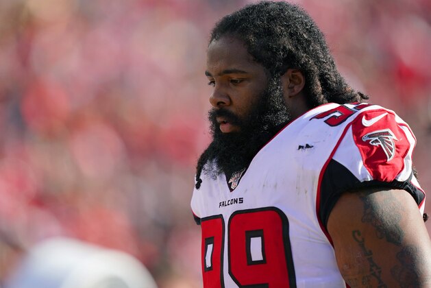 SANTA CLARA, CALIFORNIA - DECEMBER 15: Adrian Clayborn #99 of the Atlanta Falcons looks on from the sidelines against the San Francisco 49ers during the first half of an NFL football game at Levi's Stadium on December 15, 2019 in Santa Clara, California. (Photo by Thearon W. Henderson/Getty Images)