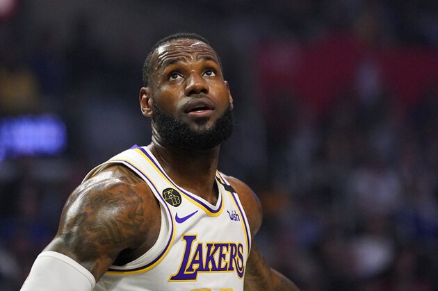 Los Angeles Lakers forward LeBron James watches for a rebound during the first half of an NBA basketball game against the Los Angeles Clippers Sunday, March 8, 2020, in Los Angeles. (AP Photo/Mark J. Terrill)