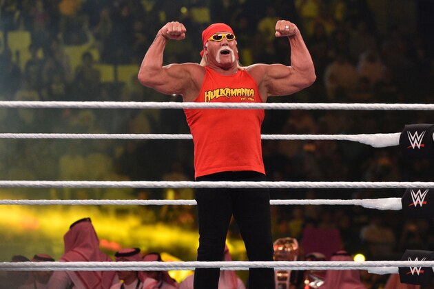 Wrestling legend Hulk Hogan greets the crowd during the World Wrestling Entertainment (WWE) Crown Jewel pay-per-view at the King Saud University Stadium in Riyadh on November 2, 2018. (Photo by Fayez Nureldine / AFP)        (Photo credit should read FAYEZ NURELDINE/AFP via Getty Images)