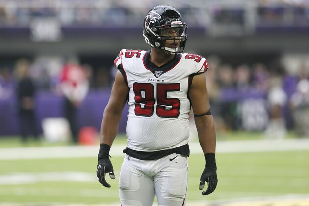 Atlanta Falcons defensive tackle Jack Crawford gets set for a play during the first half of an NFL football game against the Minnesota Vikings, Sunday, Sept. 8, 2019, in Minneapolis. (AP Photo/Jim Mone)