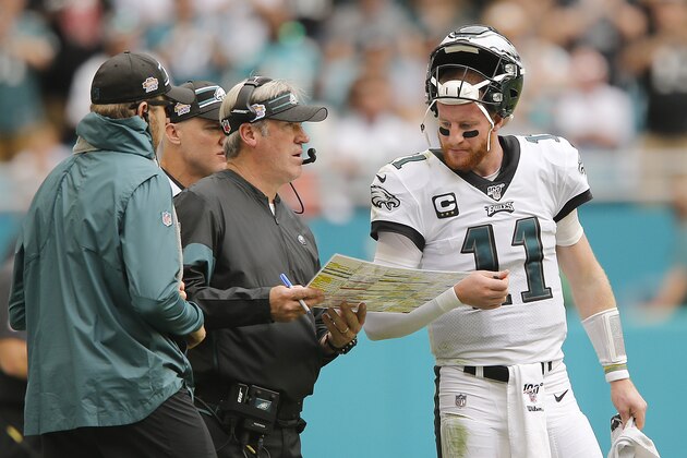 MIAMI, FLORIDA - DECEMBER 01:  Carson Wentz #11 of the Philadelphia Eagles talks with head coach Doug Pederson against the Miami Dolphins during the second quarter at Hard Rock Stadium on December 01, 2019 in Miami, Florida. (Photo by Michael Reaves/Getty Images)