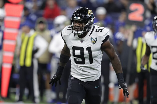 Jacksonville Jaguars defensive end Yannick Ngakoue (91) in action during the first half of an NFL football game against the Jacksonville Jaguars, Sunday, Nov. 17, 2019, in Indianapolis. (AP Photo/Michael Conroy)