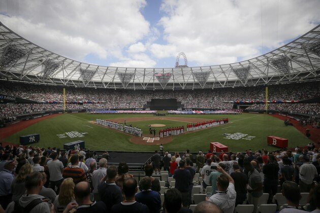 The New York Yankees, left, and the Boston Red Sox line up for the national anthem before a baseball game in London, Sunday, June 30, 2019. (AP Photo/Tim Ireland) The New York Yankees, left, and the Boston Red Sox line up for the national anthem before a baseball game in London, Sunday, June 30, 2019. (AP Photo/Tim Ireland)