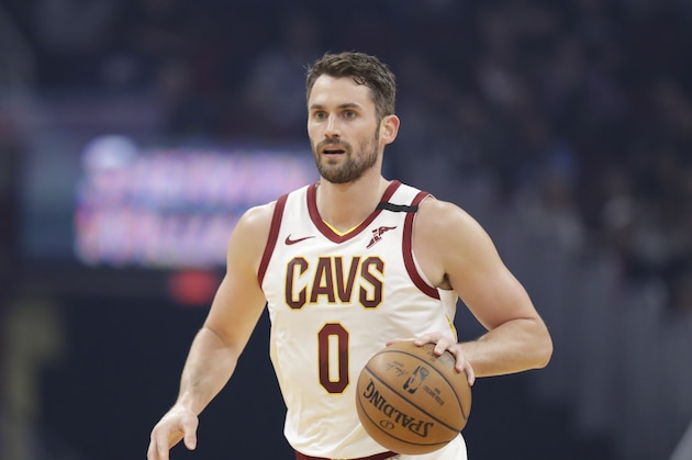 Cleveland Cavaliers' Kevin Love drives against the Miami Heat in the first half of an NBA basketball game, Monday, Feb. 24, 2020, in Cleveland. (AP Photo/Tony Dejak)