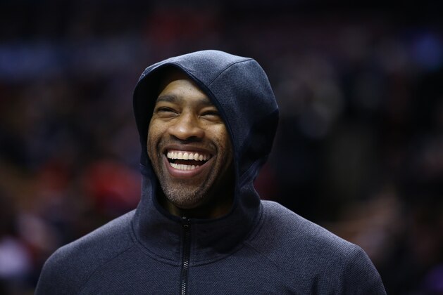 TORONTO, ON - JANUARY 28:  Vince Carter #15 of the Atlanta Hawks looks on prior to the first half of an NBA game against the Toronto Raptors at Scotiabank Arena on January 28, 2020 in Toronto, Canada.  NOTE TO USER: User expressly acknowledges and agrees that, by downloading and or using this photograph, User is consenting to the terms and conditions of the Getty Images License Agreement.  (Photo by Vaughn Ridley/Getty Images)
