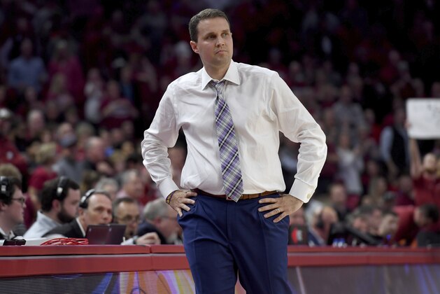LSU coach Will Wade on the sidelines against Arkansas during an NCAA college basketball game Wednesday, March 4, 2020, in Fayetteville, Ark. (AP Photo/Michael Woods)