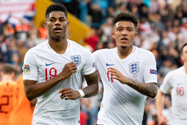 GUIMARAES, PORTUGAL - JUNE 06:Marcus Rashford of England celebrates after scoring his team's first goal with Jadon Sancho of England during the UEFA Nations League Semi-Final match between the Netherlands and England at Estadio D. Afonso Henriques on June 6, 2019 in Guimaraes, Portugal. (Photo by TF-Images/Getty Images)