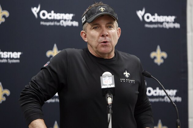 New Orleans Saints head coach Sean Payton speaks to the members of the media during the second half of an NFL football game against the Carolina Panthers in Charlotte, N.C., Sunday, Dec. 29, 2019. (AP Photo/Brian Blanco)