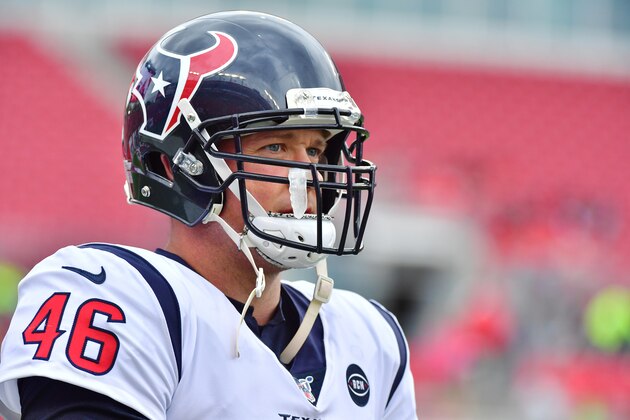 TAMPA, FLORIDA - DECEMBER 21: Jon Weeks #46 of the Houston Texans looks on during warmup before a game against the Tampa Bay Buccaneers at Raymond James Stadium on December 21, 2019 in Tampa, Florida. (Photo by Julio Aguilar/Getty Images)