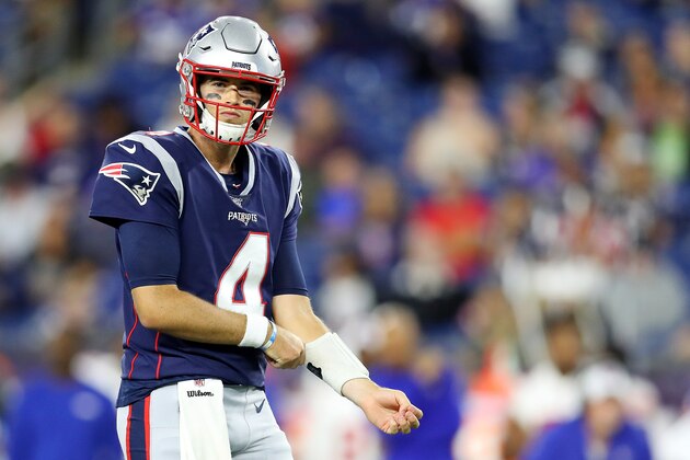 FOXBOROUGH, MASSACHUSETTS - AUGUST 29: Jarrett Stidham #4 of the New England Patriots looks on during the preseason game between the New York Giants and the New England Patriots at Gillette Stadium on August 29, 2019 in Foxborough, Massachusetts. (Photo by Maddie Meyer/Getty Images)