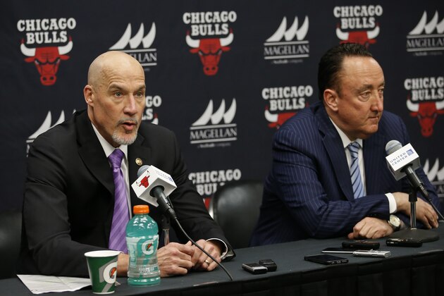 Chicago Bulls executive vice president of basketball operations John Paxson, left, address the media next to general manager Gar Forman, right, after an NBA basketball game between the Bulls and the Philadelphia 76ers, Wednesday, April 13, 2016, in Chicago. The Bulls won 115-105. (AP Photo/Kamil Krzaczynski)