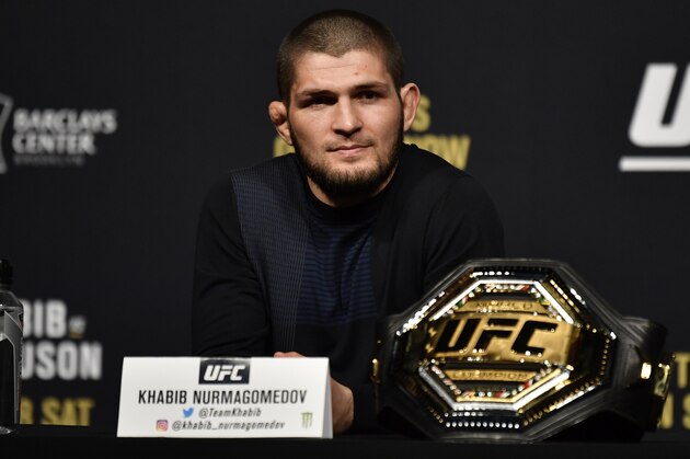 LAS VEGAS, NEVADA - MARCH 06: Khabib Nurmagomedov interacts with media during the UFC 249 press conference at T-Mobile Arena on March 06, 2020 in Las Vegas, Nevada. (Photo by Jeff Bottari/Zuffa LLC)
