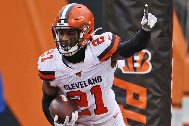Cleveland Browns cornerback Denzel Ward celebrates after an interception during the second half of an NFL football game against the Cincinnati Bengals, Sunday, Dec. 29, 2019, in Cincinnati. (AP Photo/Gary Landers)