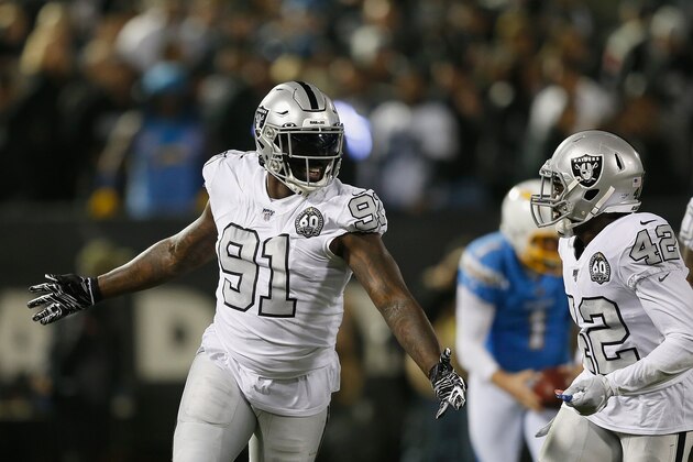 OAKLAND, CALIFORNIA - NOVEMBER 07: Benson Mayowa #91 of the Oakland Raiders celebrates after sacking quarterback Philip Rivers #17 of the Los Angeles Chargers in the first quarter at RingCentral Coliseum on November 07, 2019 in Oakland, California. (Photo by Lachlan Cunningham/Getty Images) OAKLAND, CALIFORNIA - NOVEMBER 07: Benson Mayowa #91 of the Oakland Raiders celebrates after sacking quarterback Philip Rivers #17 of the Los Angeles Chargers in the first quarter at RingCentral Coliseum on November 07, 2019 in Oakland, California. (Photo by Lachlan Cunningham/Getty Images)