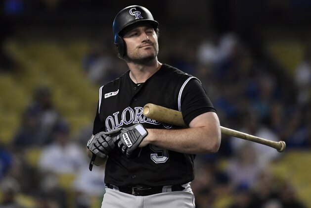 LOS ANGELES, CA - SEPTEMBER 04: Pinch hitter Daniel Murphy #9 of the Colorado Rockies reacts after striking pout against pitcher Pedro Baez #52 of the Los Angeles Dodgers during the ninth inning at Dodger Stadium on September 4, 2019 in Los Angeles, California. (Photo by Kevork Djansezian/Getty Images)