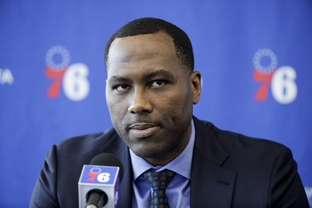 Philadelphia 76ers general manager Elton Brand speaks with members of the media during a news conference at the NBA basketball team's practice facility in Camden, N.J., Tuesday, May 14, 2019. (AP Photo/Matt Rourke)