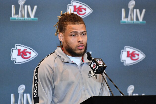 AVENTURA, FLORIDA - JANUARY 30: Tyrann Mathieu #32 of the Kansas City Chiefs speaks to the media during the Kansas City Chiefs media availability prior to Super Bowl LIV at the JW Marriott Turnberry on January 30, 2020 in Aventura, Florida. (Photo by Mark Brown/Getty Images)