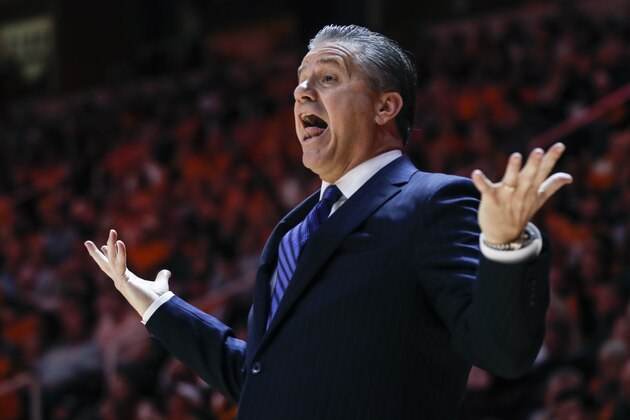 Kentucky head coach John Calipari reacts to a play during an NCAA college basketball game against Tennessee Saturday, Feb. 8, 2020, in Knoxville, Tenn. Kentucky won 77-64. (AP Photo/Wade Payne) Kentucky head coach John Calipari reacts to a play during an NCAA college basketball game against Tennessee Saturday, Feb. 8, 2020, in Knoxville, Tenn. Kentucky won 77-64. (AP Photo/Wade Payne)