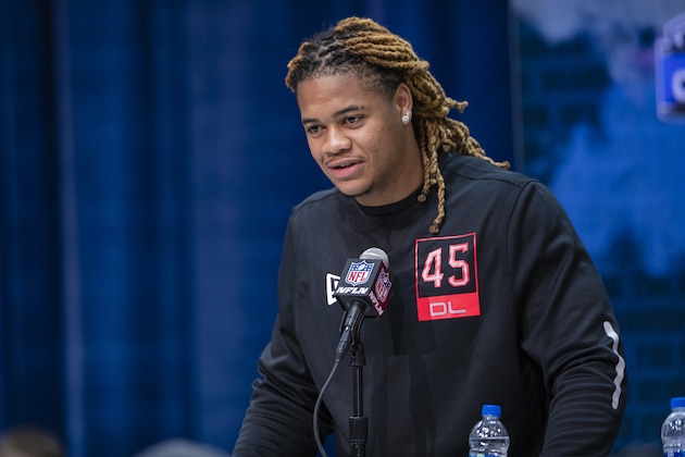 INDIANAPOLIS, IN - FEBRUARY 27: Chase Young #DL45 of the Ohio State Buckeyes speaks to the media at the Indiana Convention Center on February 27, 2020 in Indianapolis, Indiana. (Photo by Michael Hickey/Getty Images)
