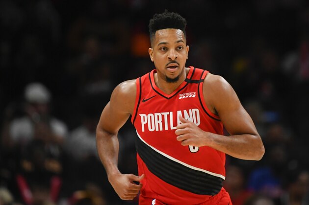 Portland Trail Blazers guard CJ McCollum is shown during an NBA basketball game against the Atlanta Hawks, Saturday, Feb. 29, 2020, in Atlanta. The Hawks won 129-117. (AP Photo/John Amis)