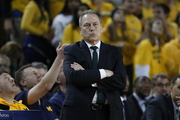 Michigan State head coach Tom Izzo watches against Michigan in the second half of an NCAA college basketball game in Ann Arbor, Mich., Saturday, Feb. 8, 2020. (AP Photo/Paul Sancya)
