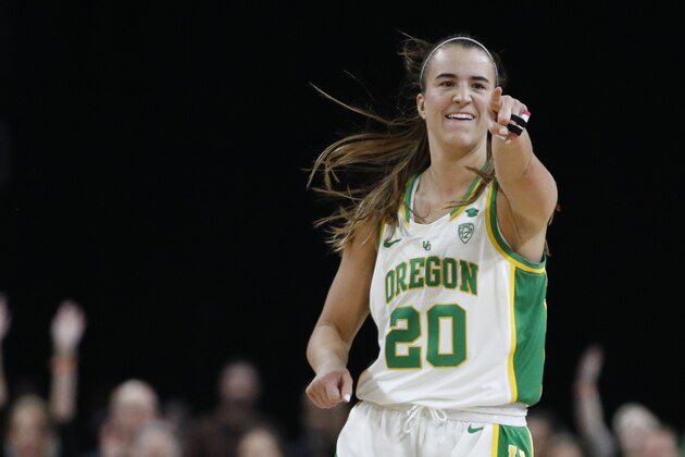 Oregon's Sabrina Ionescu (20) reacts after her team scored against Stanford during the second half of an NCAA college basketball game in the final of the Pac-12 women's tournament Sunday, March 8, 2020, in Las Vegas. (AP Photo/John Locher)