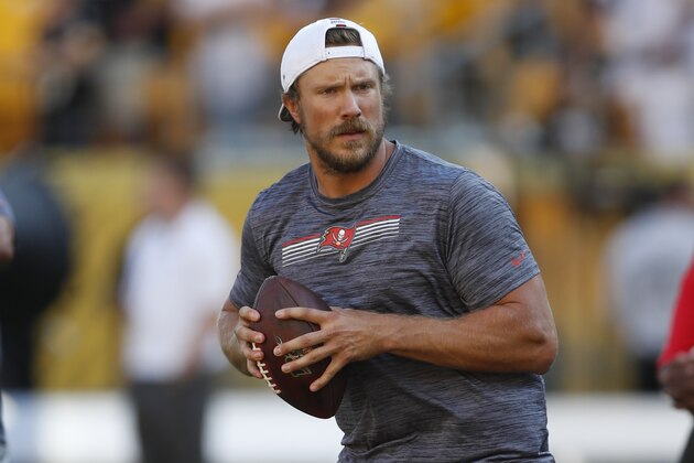 Tampa Bay Buccaneers quarterback Blaine Gabbert (11) warmups before an NFL preseason football game against the Pittsburgh Steelers in Pittsburgh, Friday, Aug. 9, 2019. (AP Photo/Keith Srakocic)
