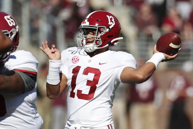 Alabama quarterback Tua Tagovailoa (13) throws a pass against Mississippi State during the first half of an NCAA college football game in Starkville, Miss., Saturday, Nov. 16, 2019. (AP Photo/Rogelio V. Solis) Alabama quarterback Tua Tagovailoa (13) throws a pass against Mississippi State during the first half of an NCAA college football game in Starkville, Miss., Saturday, Nov. 16, 2019. (AP Photo/Rogelio V. Solis)